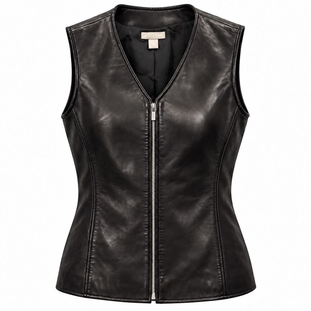 Nordstrom Womens XS Black Lambskin Leather Moto Vest Y2K Biker Zip Grunge
